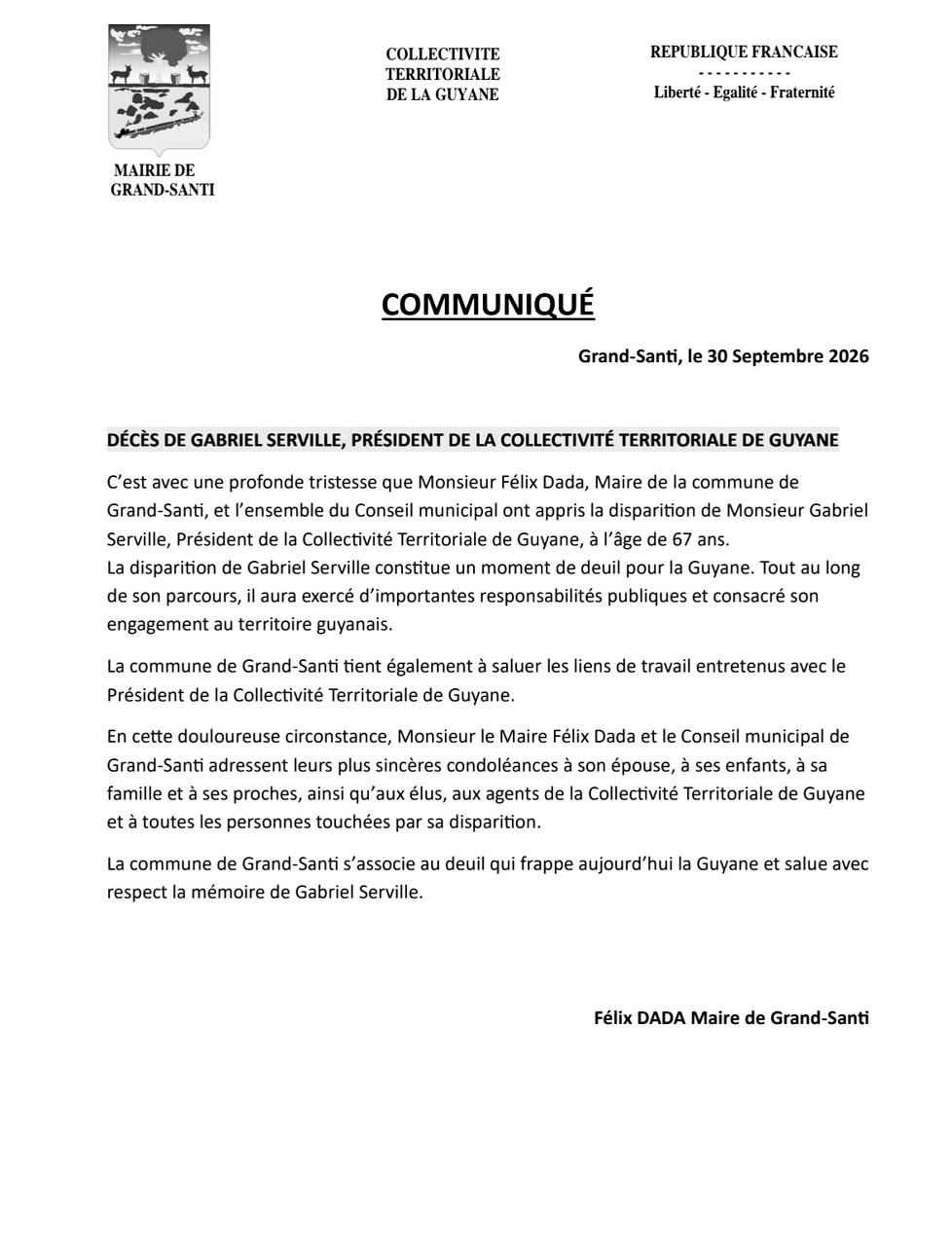 Communiqué décès Gabriel Serville